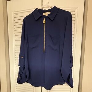Michael Kors Navy Blouse with Gold Zipper